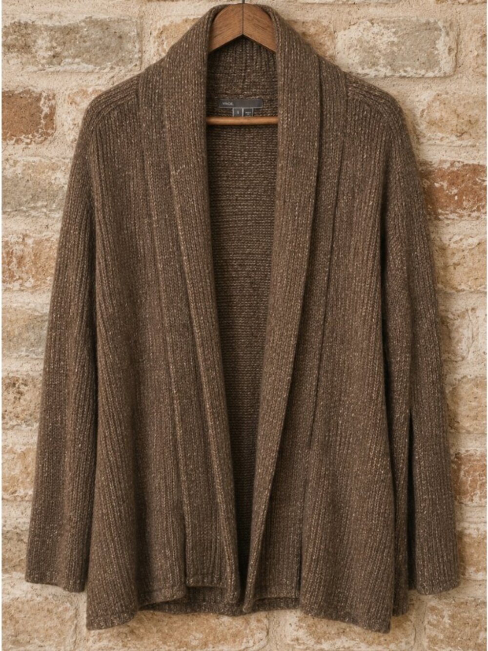 Vince Size S Cardigan Sweater Coat Open Shawl Tweed Wool Cashmere Pockets Brown